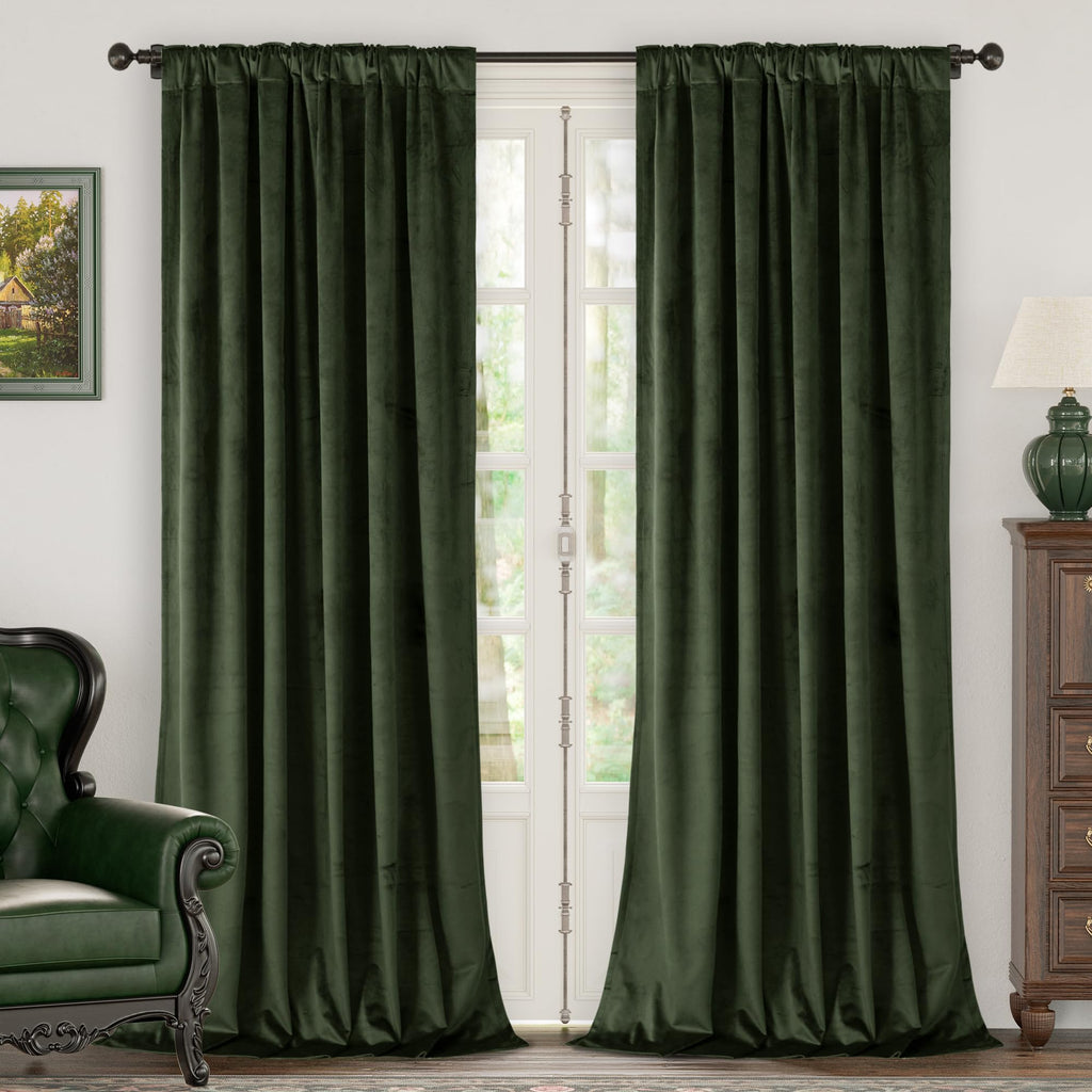 Olive Green Velvet Blackout Curtains 52 x 84 Inch Length, 2 Panels