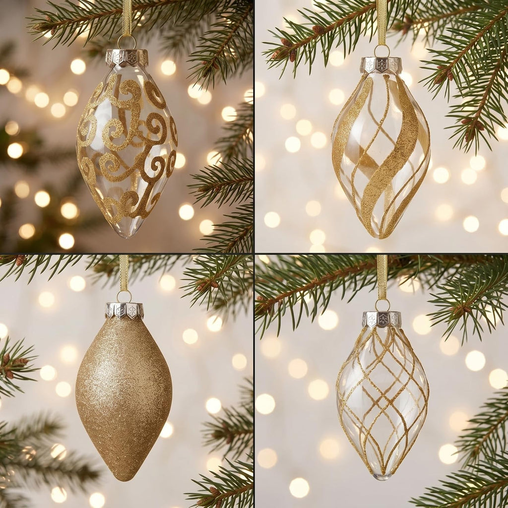 Gold Christmas Ornaments Set for Tree Decorations, Teardrop Finial