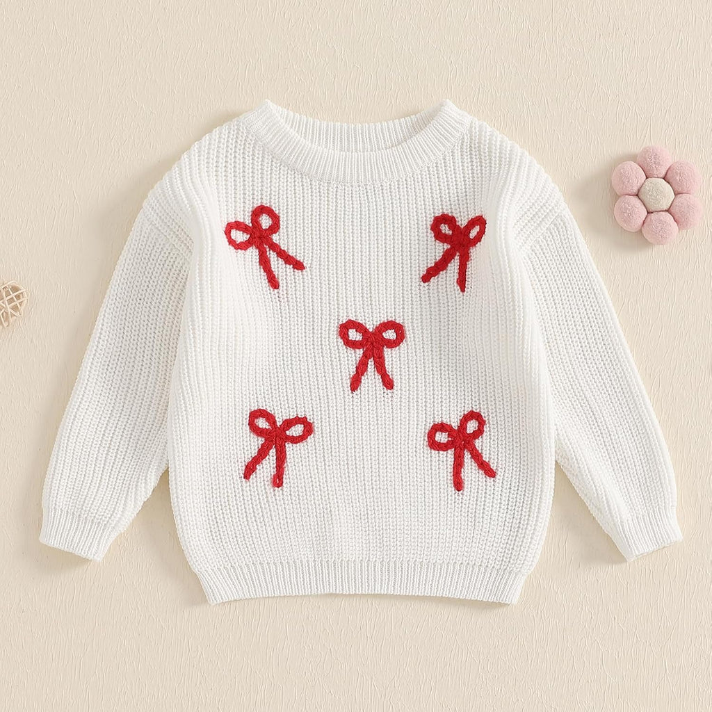 Toddler Baby Girl Knit Sweater Bow Embroidery Chunky Sweatshirt Tops Oversized Warm Christmas Fall Winter Clothes
