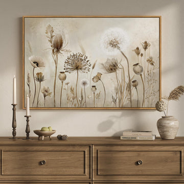 Framed Vintage Neutral Rustic Botanical Floral Dandelion Wall Art, 24x36 In