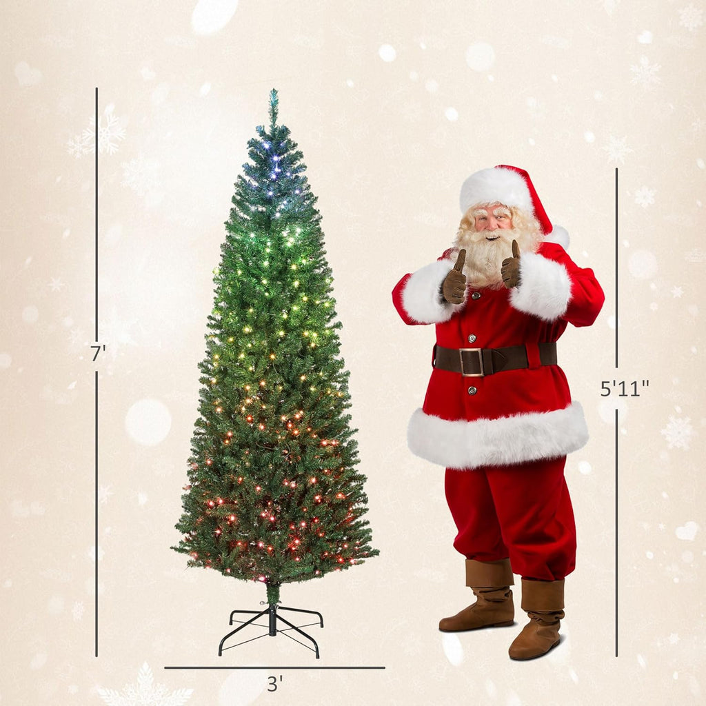 7ft Prelit Christmas Tree with Colorful LED Lights Slim Fir Green | DIY Synchronized Lights, Xmas Tree, 12 Modes