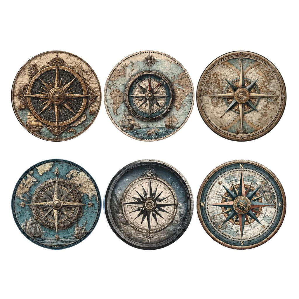 Nautical Compass Coasters for Drinks with Holder Round Leather Coasters Set of 6 Cups Mugs Mat Pad Kitchen Bar