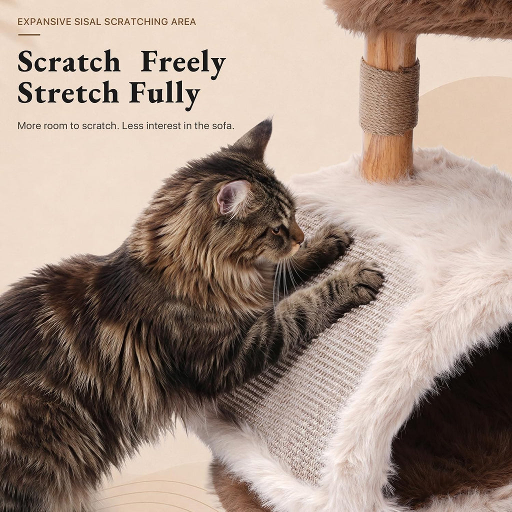 Small Cat Tree s with Spacious Condo for Large Cats, 41-Inch Modern Cat Tower with Faux Fox Fur, Curved Lounge