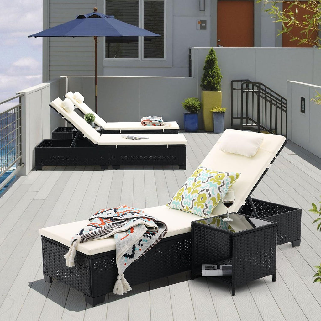 3-Piece Outdoor Lounge Chairs Set, Chaise Lounge Patio Chairs with Coffee Table, Adjustable Wicker Chairs
