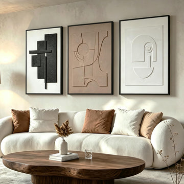 3 Piece Framed Abstract Wall Art, 24x36 Inch Large 3D Sandstone Textured Wall Decor, Black White Brown Geometric