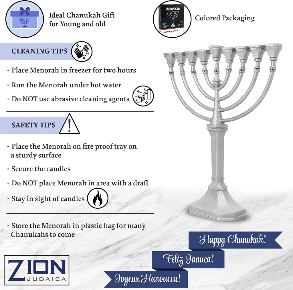Traditional Classic Hanukkah - 9.5" Tall Graceful Style Candle Minorah Precision Die Cast Non Tarnish (Satin Silver)