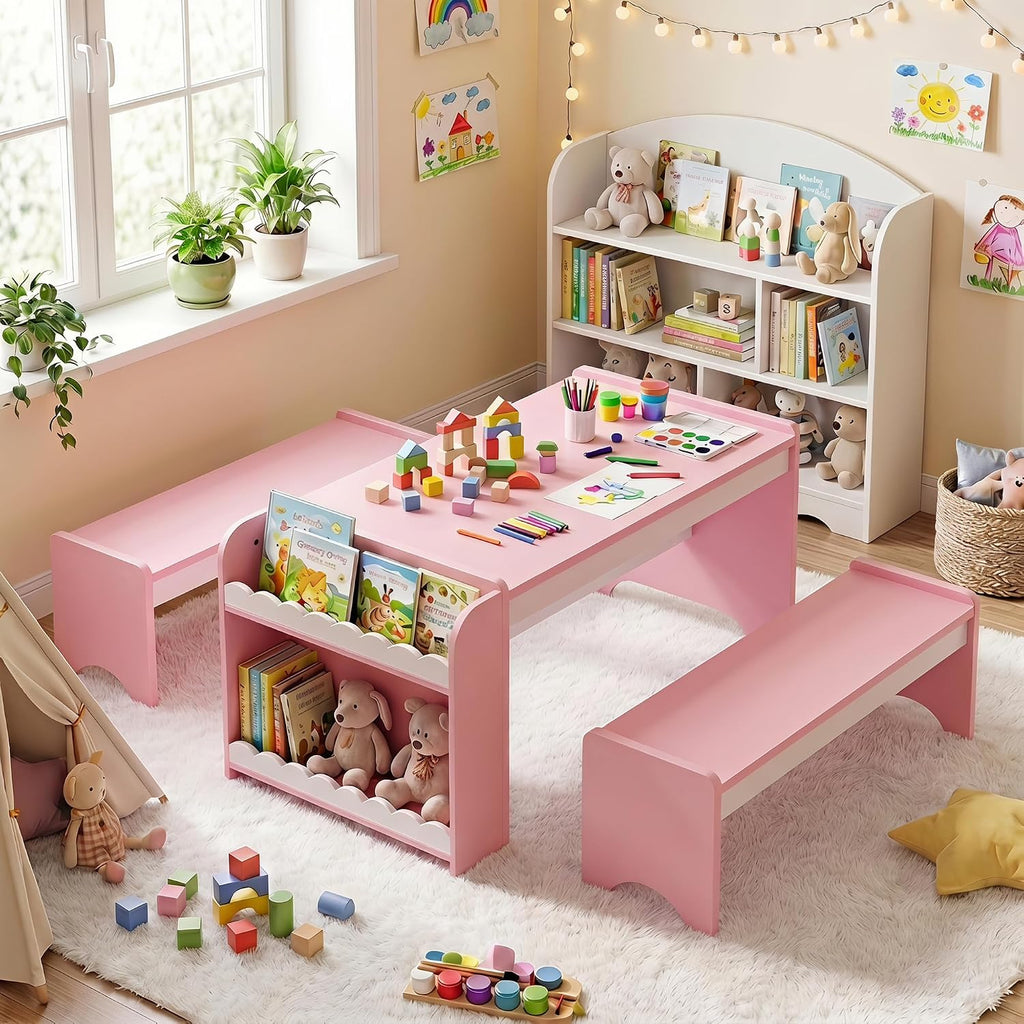 Kids Table and Bench Set, Montessori Kids Table and Chair Set, Indoor Wooden Toddler Activity Table with Bookshelves