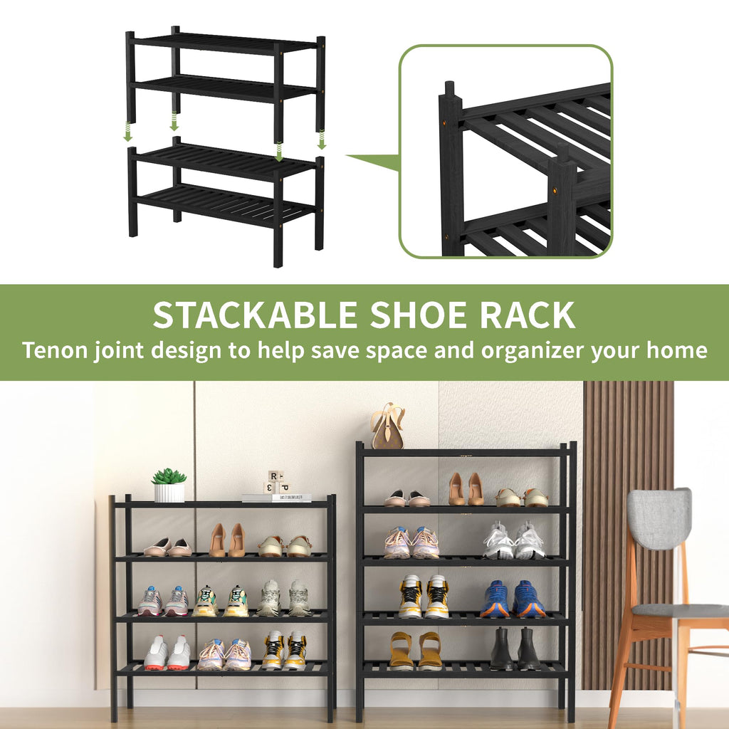 4 Tier (Thick) Bamboo Shoe Rack for Closet Free Standing Wood Shoe Shelf Small Space Stackable 27"x12"x28" (Blackl)
