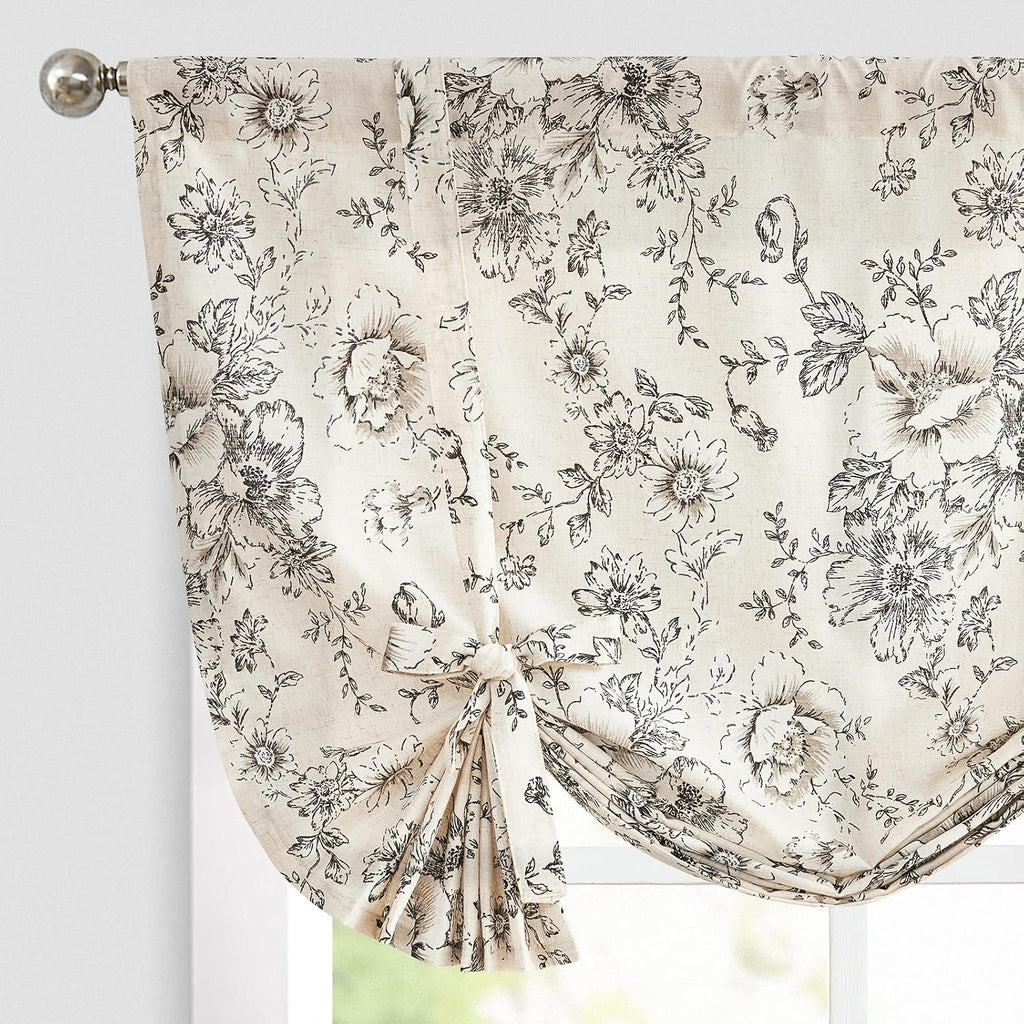Tie Up Valance Curtain Floral Linen for Windows Farmhouse Valance 45 Inch Botanical Short Window Treatment Adjustable