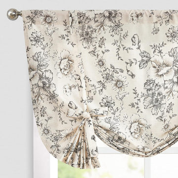 Tie Up Valance Curtain Floral Linen for Windows Farmhouse Valance 45 Inch Botanical Short Window Treatment Adjustable