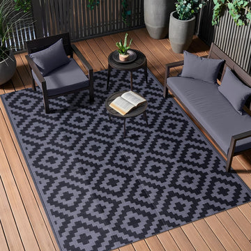 Outdoor Rug 4x6 ft Waterproof Reversible Mat, Black & Grey