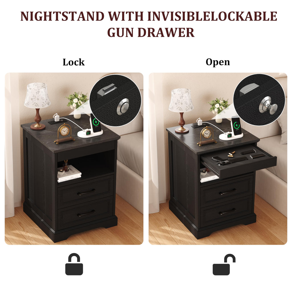 Farmhouse Night Stand with Gun Drawer & Invisible Lock, 25" Tall Bedside Table with Charging Station, End Table with