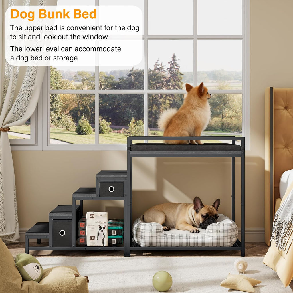 Pet Bunk Bed with Stairs and Storage, Dog Beds Attachment to Human Bed, Bedside Dogs Cot for Small, Medium Cats &