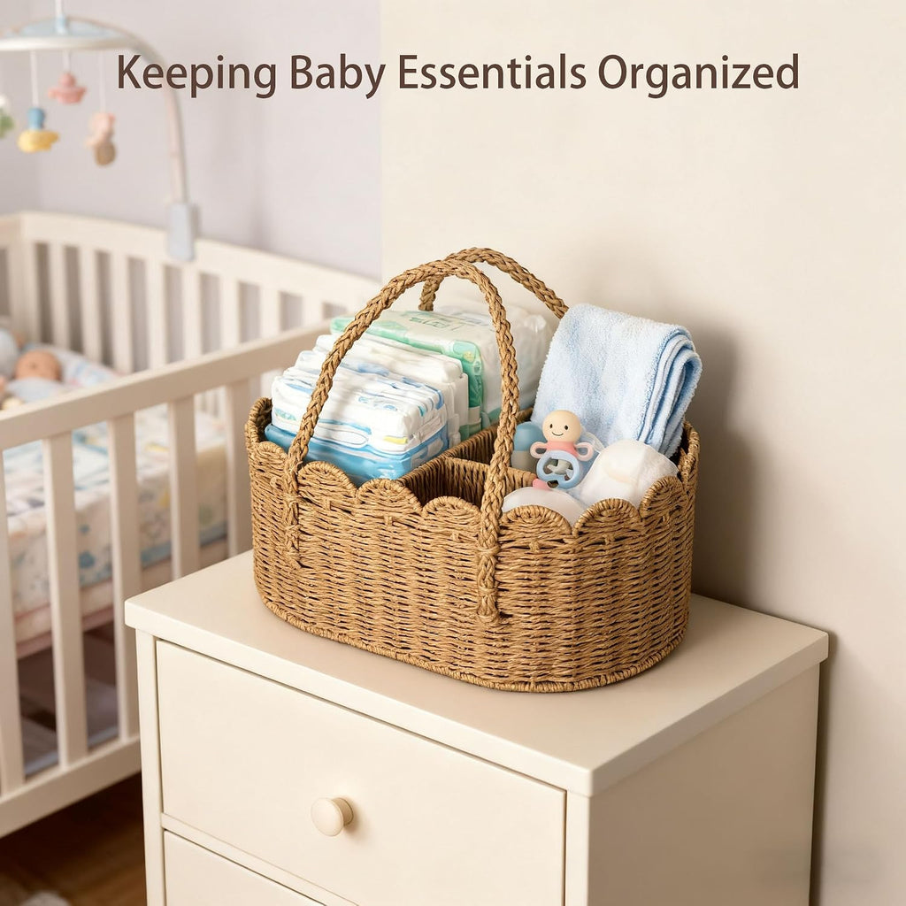 Diaper Caddy Organizer, Paper Rope Storage Baskets Nursery Bin with Removable Divider, Portable Car Organizer
