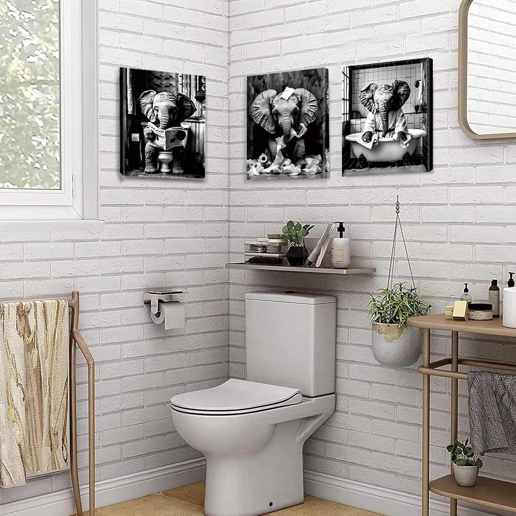 Framed Bathroom Decor Wall Art, Funny Black and White Elephant Wall Art