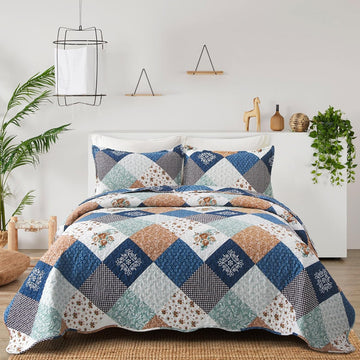 Reversible Patchwork Quilt Bedding Set Blue Green Grey Plaid Floral Pattern Bedspread Set Soft Microfiber