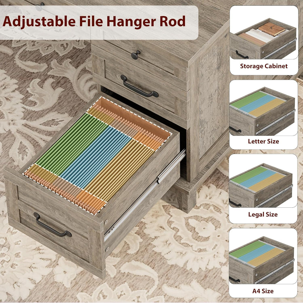 Farmhouse Executive Desk with File Drawers, 60 in Home Office Desk with Charging Station