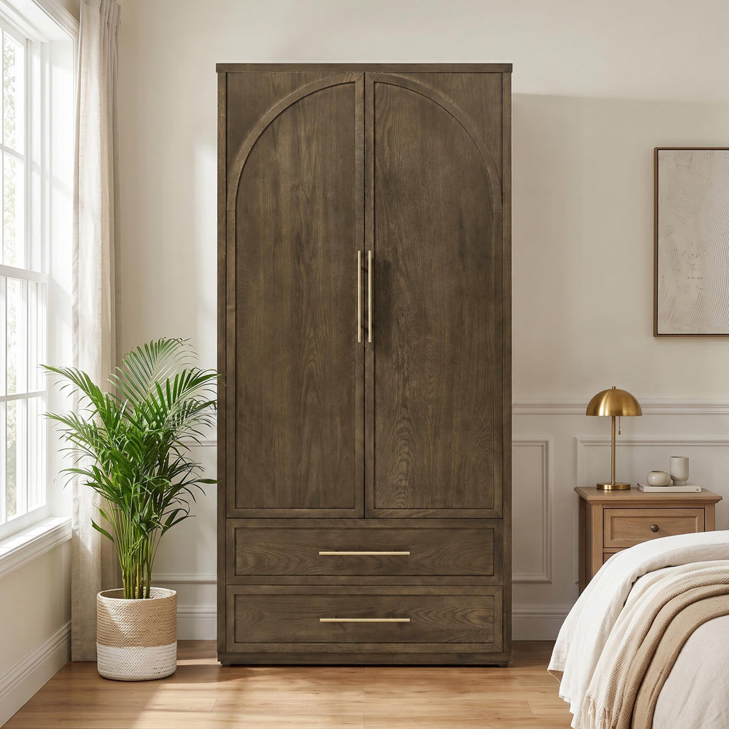 Solid Wood Armoire Wardrobe with Drawers, Storage Cabinet with Arched Doors