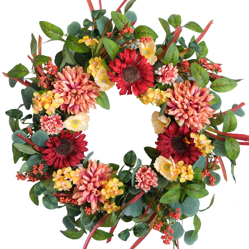 24 Inch Sunflower Dahlia Fall Harvest Wreath for Front Door