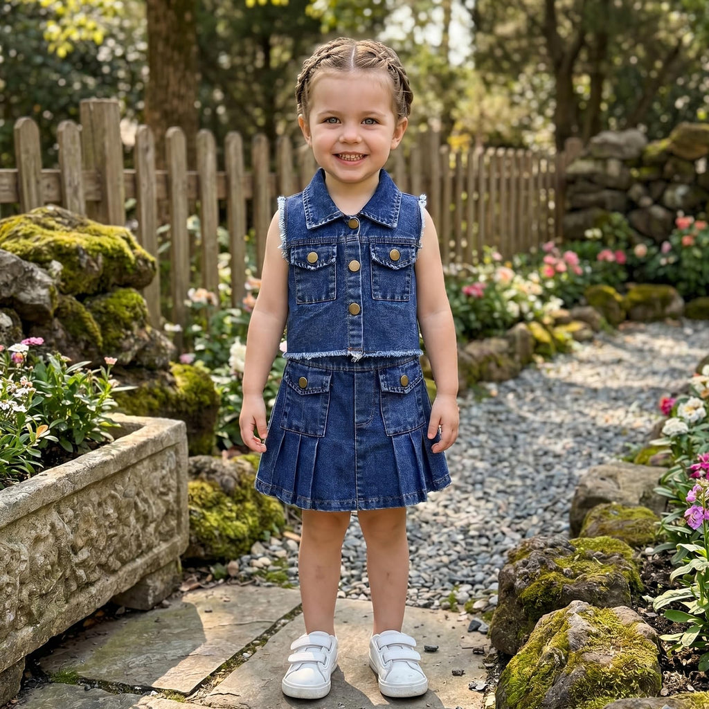 Little Girls Summer Jeans Outfits Denim Sleeveless Button Down Vest Tops Pleated Skirt Kid Toddler Waistcoat Clothes