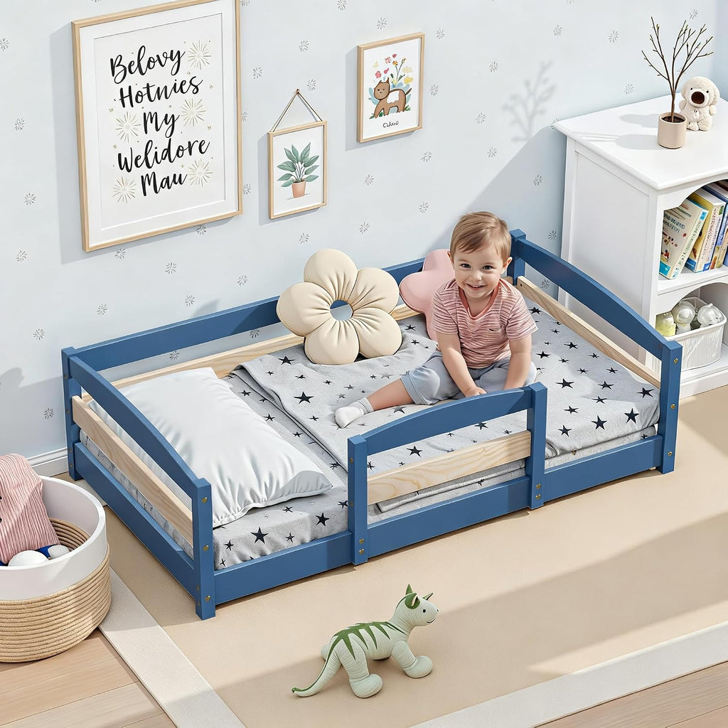 Standard Crib Size Toddler Bed, Wooden Low Montessori Floor Bed Frame with 2 Enters and Safe Guardrails for Boys and