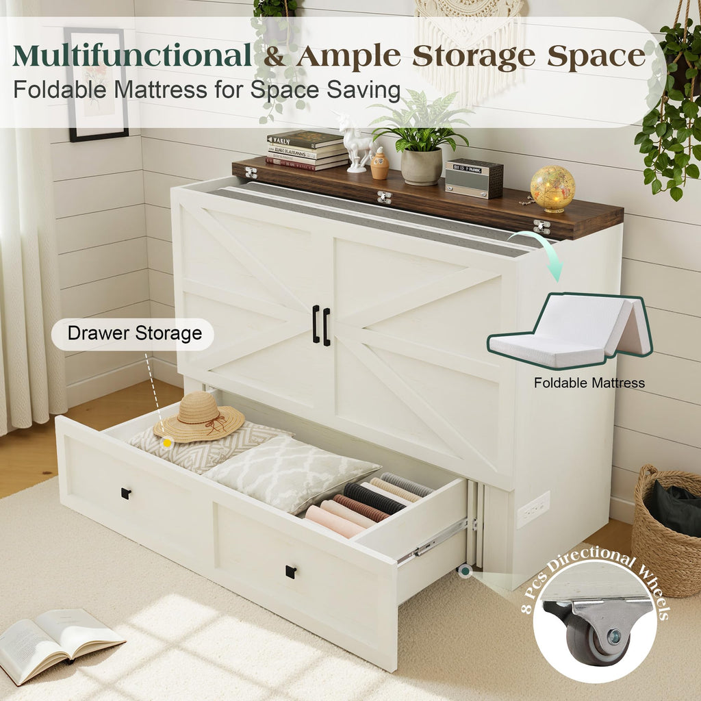 Queen White Murphy Bed with 6" Tri-Fold Memory Foam Mattress