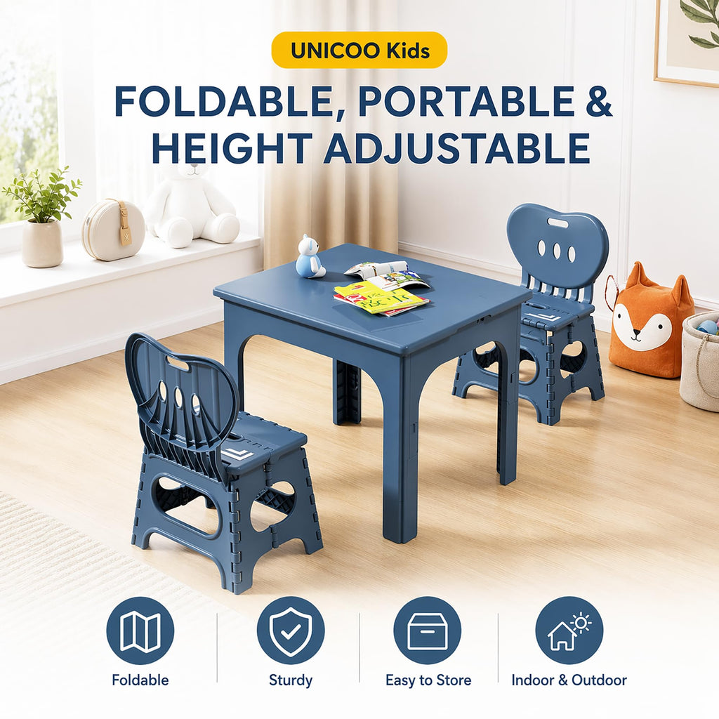 Kids Folding Table and Chairs Set, Height Adjustable, Portable 3-Piece Set