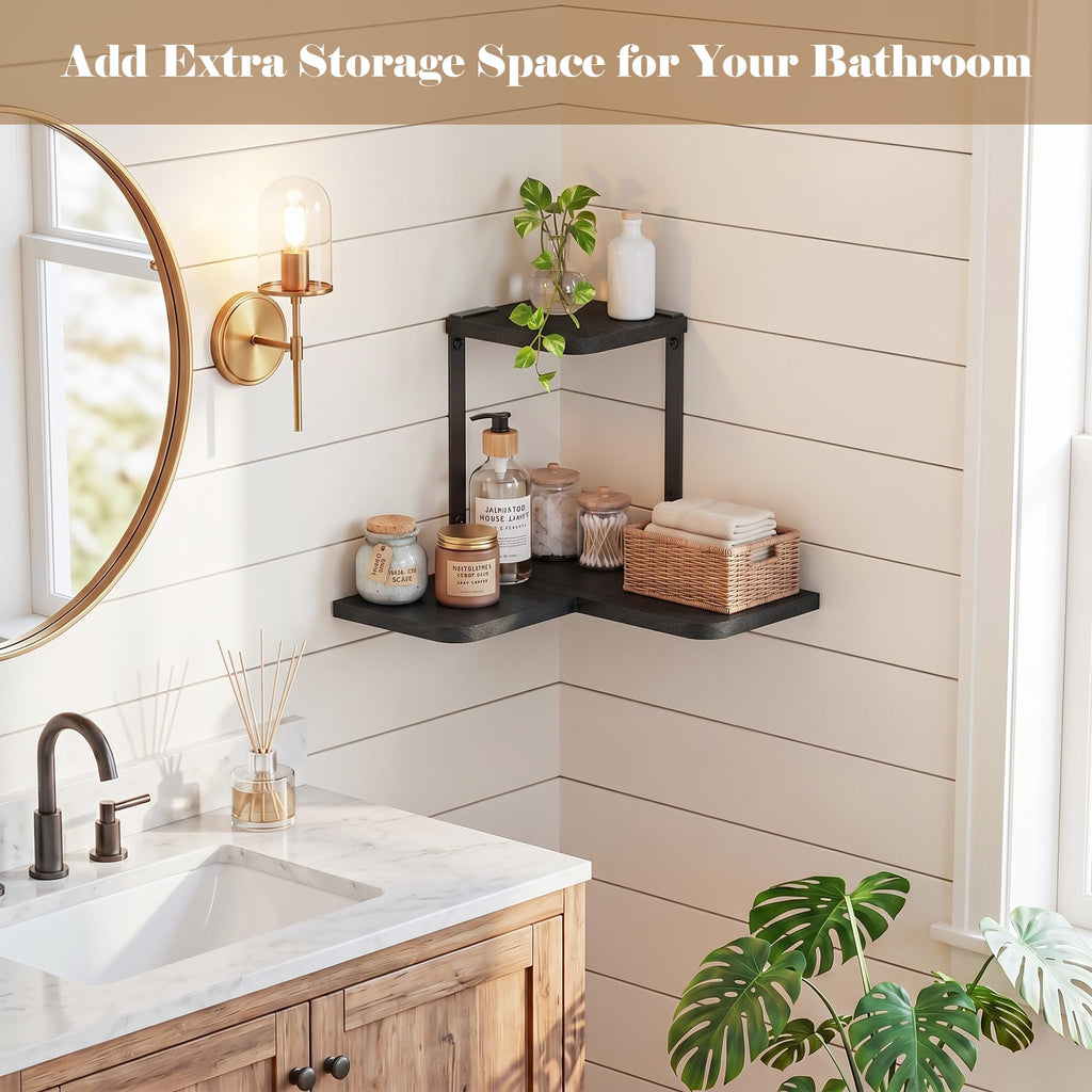 2-Tier Corner Wall Shelf, Rustic Wood Storage Display Shelf Black