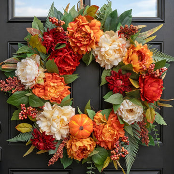 24 InchFall Wreaths for Front Door Autumn Wreath with Peony, Pumpkins
