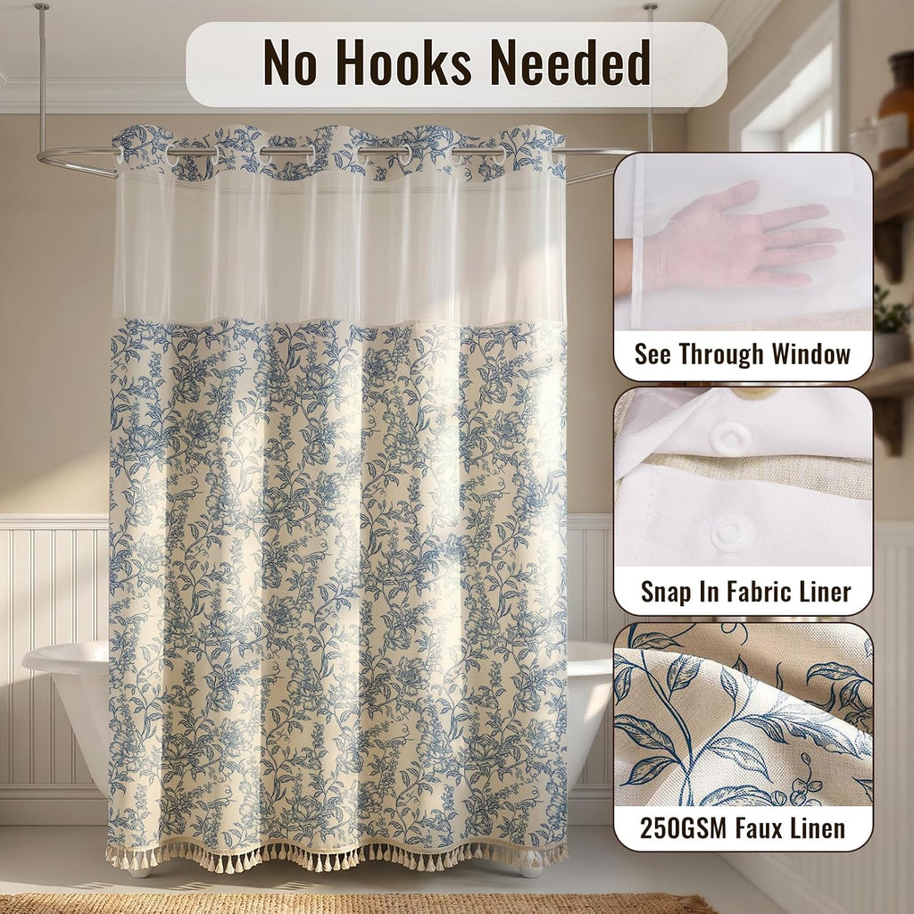 Vintage Blue Floral No Hook Shower Curtain Set with Snap-in Liner 72"x75" | Farmhouse Fabric 2 in 1 Shower Curtain