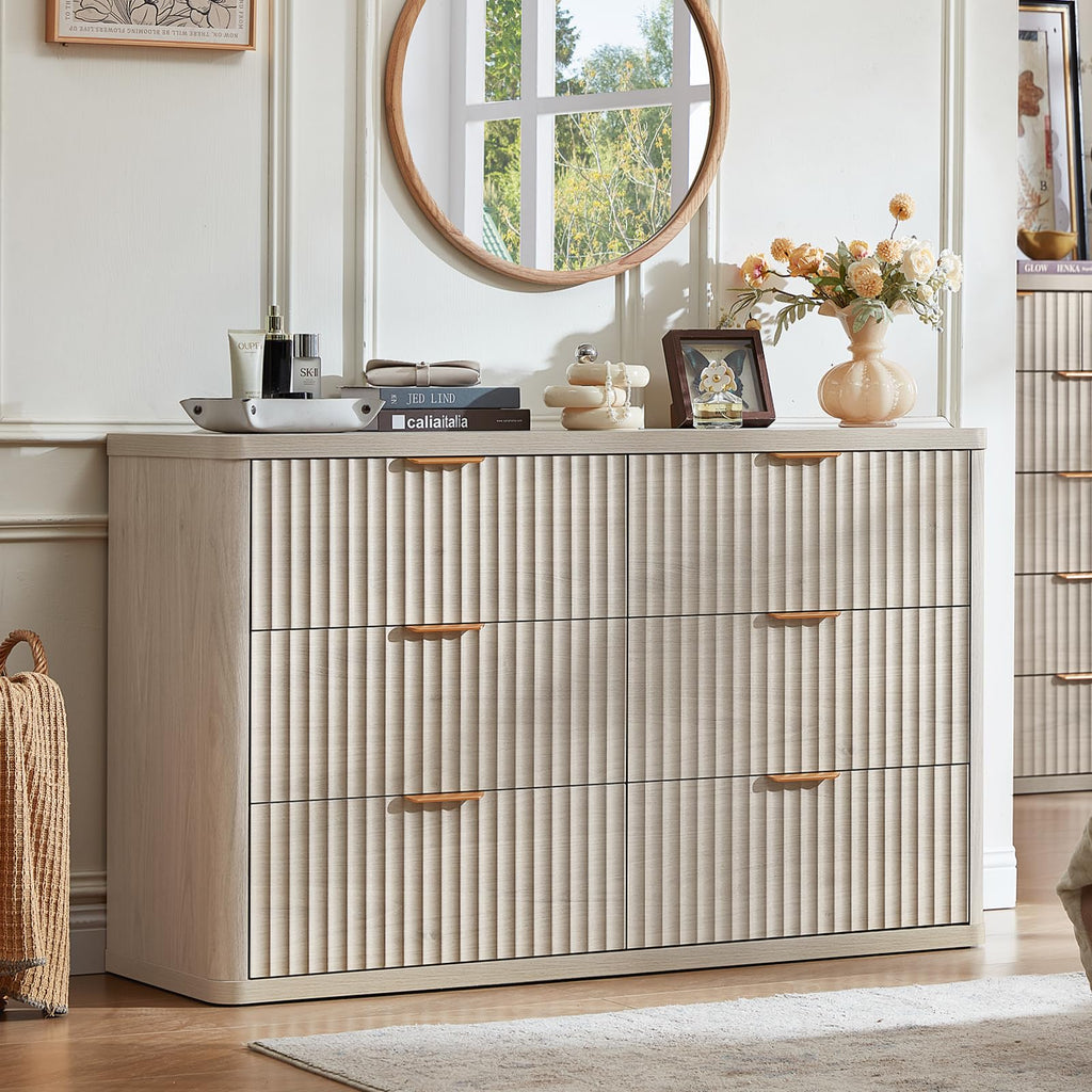 Fluted 6 Drawers Dresser Set of 2, 48" Wide Modern Chest of Drawers with Metal Handle, Light Grey Curved Profile