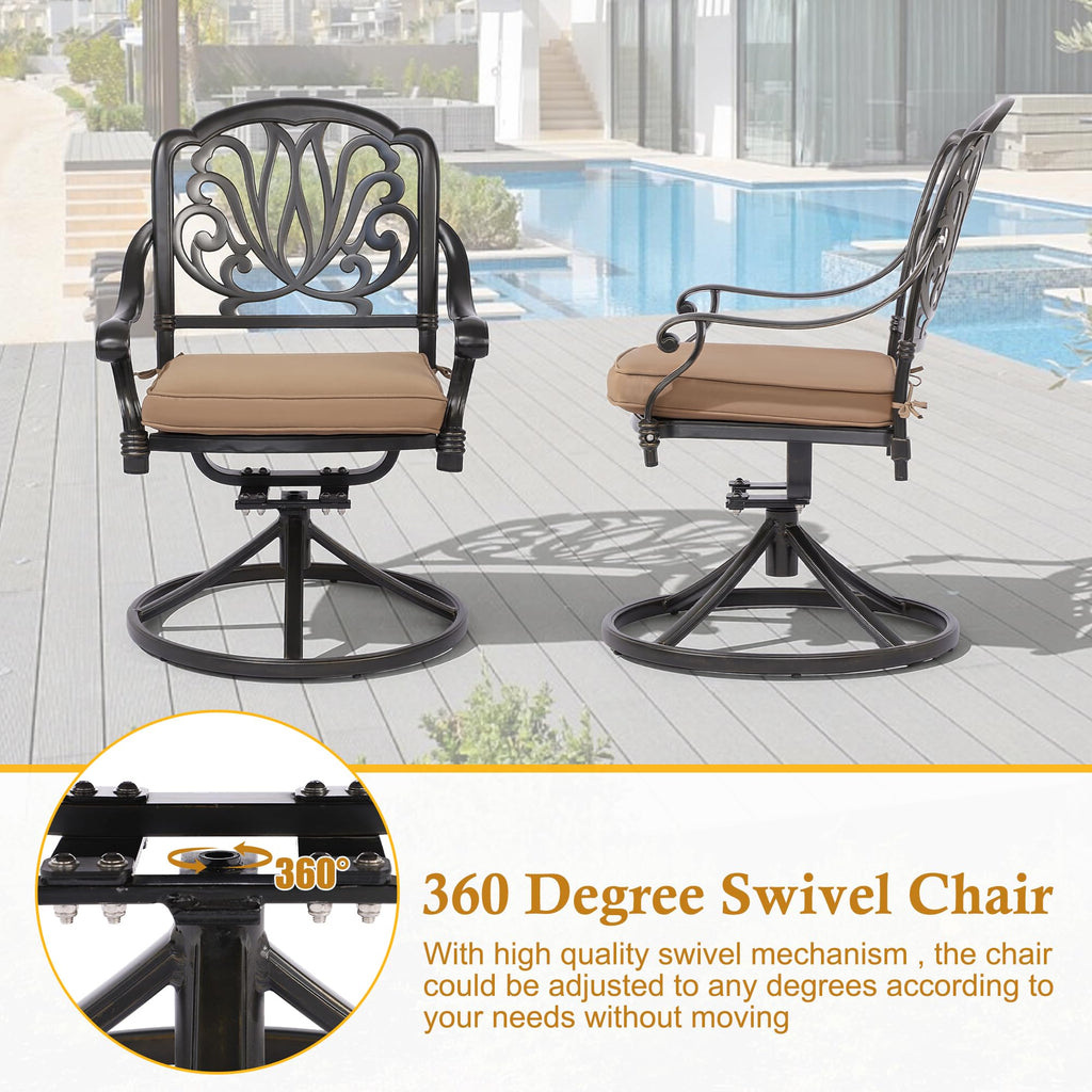 Cast Aluminum Outdoor Swivel Dining Chairs, All-Weather Patio Swivel Rocker Chair Sets with Cushion for Garden