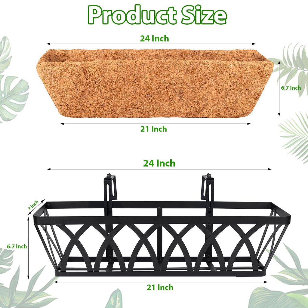 Deck Railing Planter Window Box - 2 Pack 24 Inch Deck Balcony Rail Planter with Coconut Coir Liner, Fence Metal