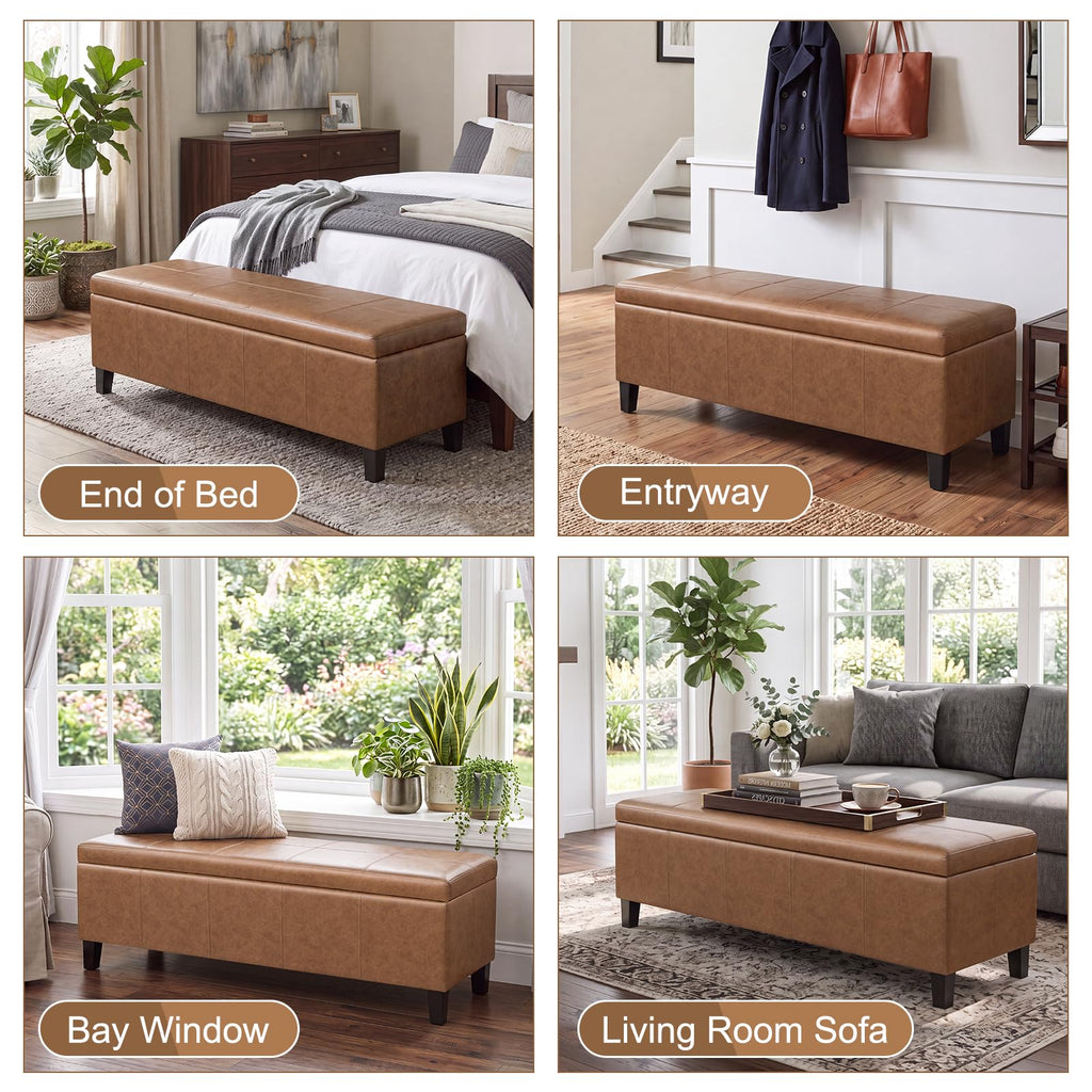 Faux Leather Storage Bench Ottoman, 50 Inch Upholstered Storage Bench with Large Compartment, Durable Accent Seating