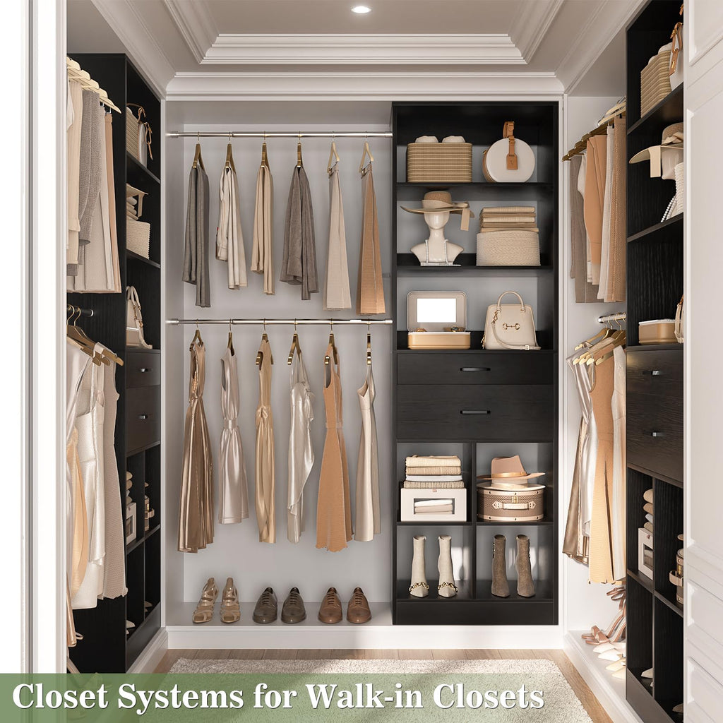 Closet System, 4-8 FT Closet Organizer Tower with 2 Wooden Drawers and Shelves, Can Fit 60 to 96 inch Walk-in Closet