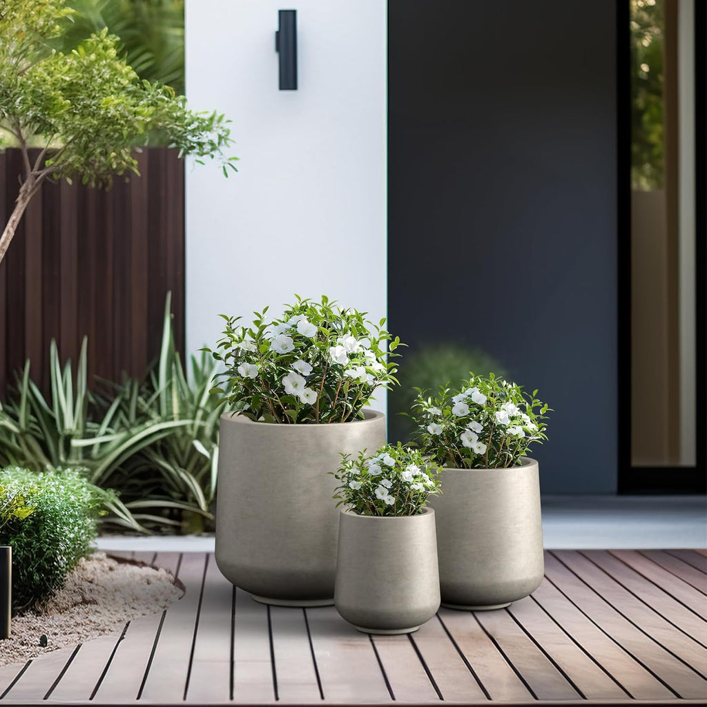 Set of 3 Weathered Concrete Curved Round Planters for Modern Home | Handcrafted, Premium, Durable, All-Weather Cement