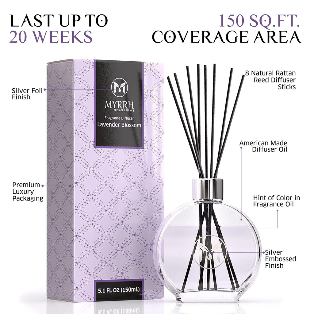 Lavender Blossom Scented Reed Diffuser Set with 8 Rattan Diffuser Sticks, 150 ml, All Natural Air Freshener