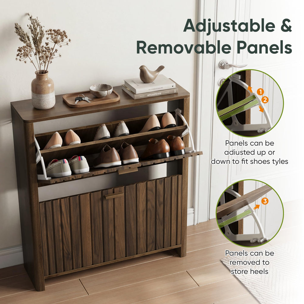 Shoe Cabinet with 2 Flip Drawers, 31.5 Inch Narrow Fluted Shoe Organizer with Gradient Wood Strips Door Hallway