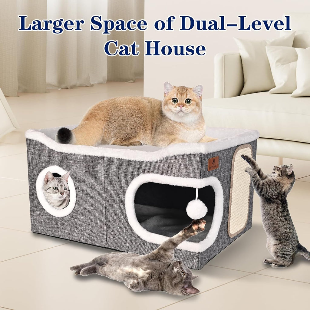 Extra Large Cat Beds for Indoor Cats, Covered Cat Cave Beds & Furniture with Scratch Pad and Fluffy Ball, Foldable
