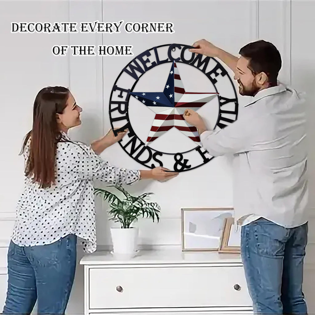 22" Patriotic Metal Barn Star Welcome Sign Wall Sculptures, American Flag Design Outside Wall Decor, Metal Star for