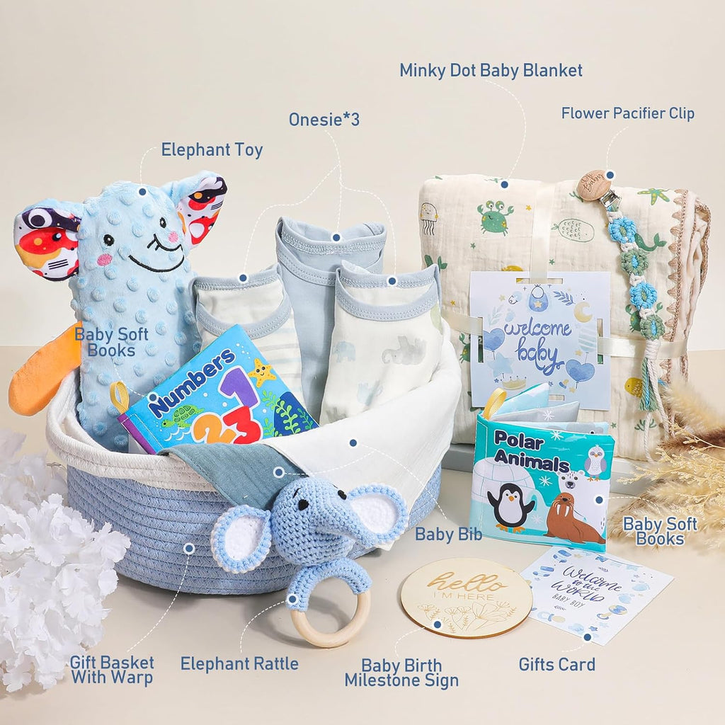 Baby Boy Gifts Basket,Newborn Baby Gifts for Boys,Baby Shower Gift for Baby Boy with Blanket Onesies Toys,Gender