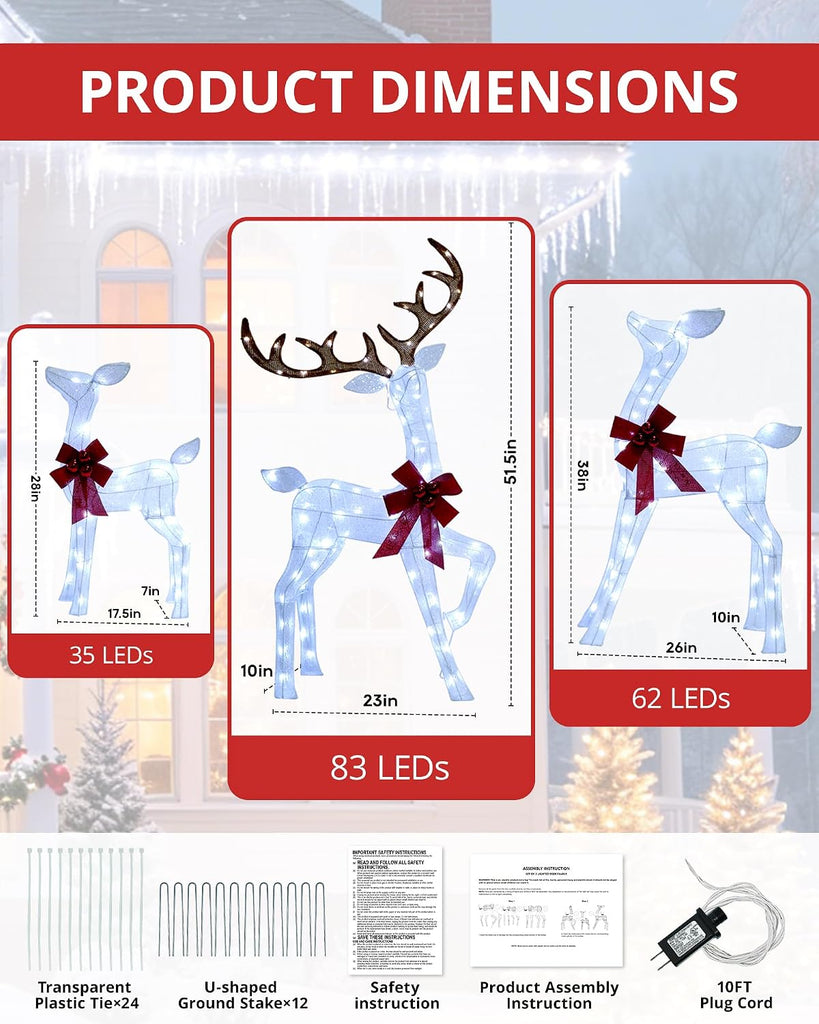 4.3FT 3 Piece Large 3D Lighted Outdoor Christmas Deer Family Set