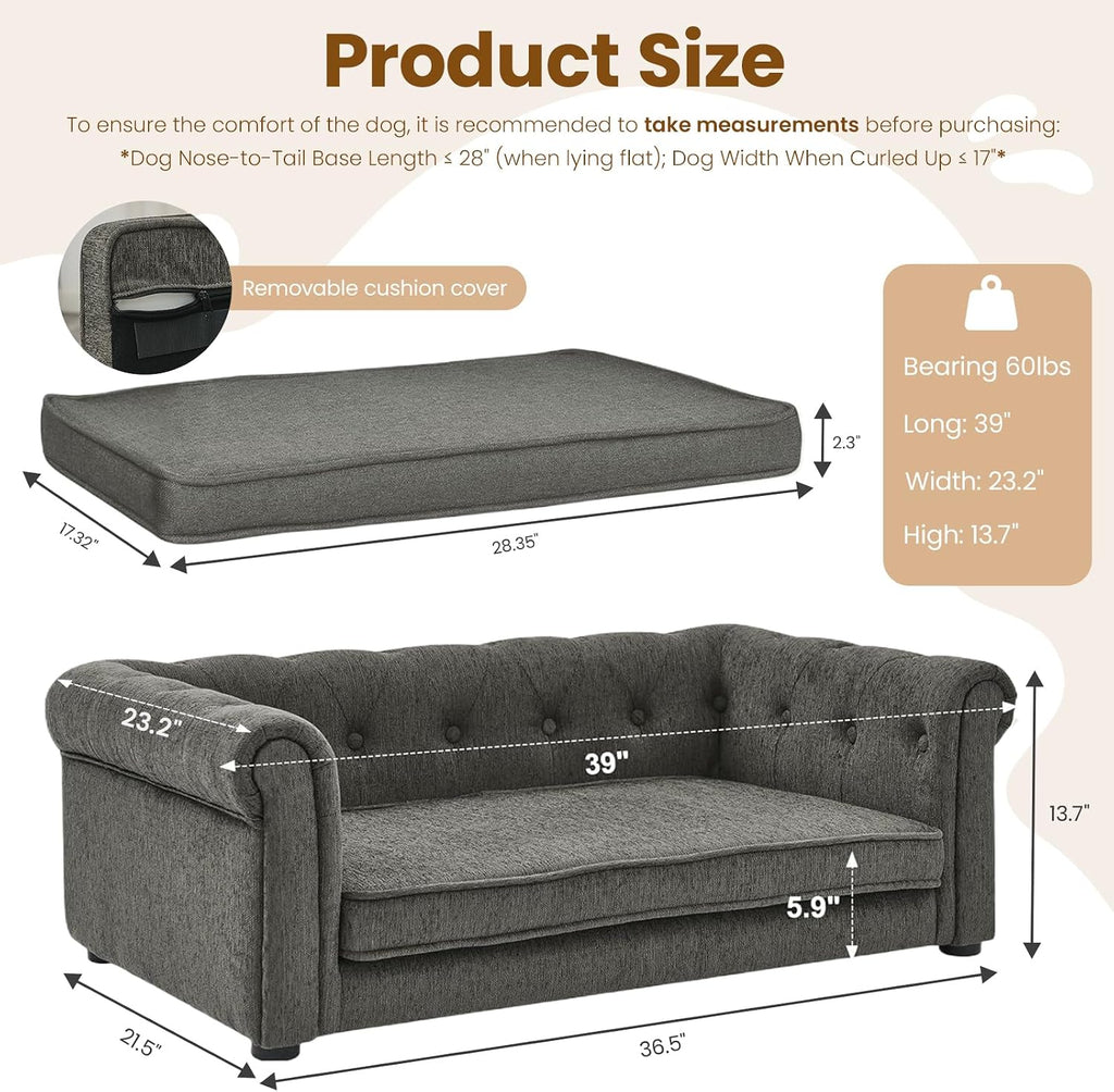 Elevated Dog Sofa with Backrest and Armrests, Button Tufted Dog Couch Bed with Soft Cushion for Medium Dogs, Stylish