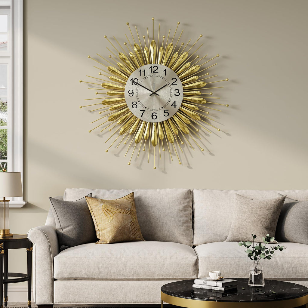 Large Gold Wall Clock 30 Inch Mid Century Sunburst Decorative Clock