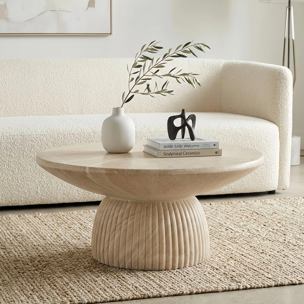 Round Coffee Table, 27 Inch Faux Travertine Magnesium Oxide Cocktail Table with Fluted Pedestal Base, Modern Wabi