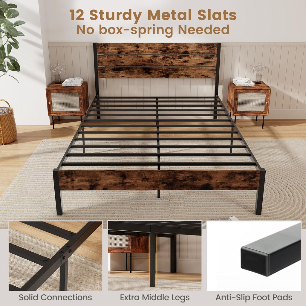 Bed Frame with Headboard, Metal Platform Bed with Under-Bed Storage Space & Slatted Headboard, Industrial