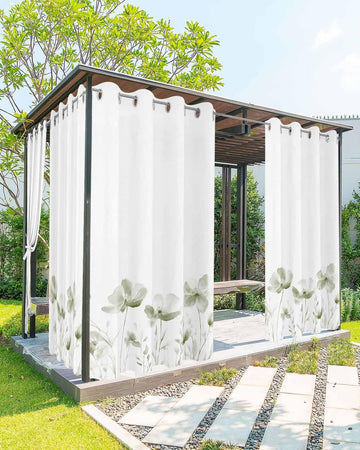 Outdoor Curtains Waterproof, Simple Style Watercolor Retro Sage Green Floral Lines Grommet Weatherproof Privacy