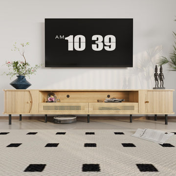 94" Mid Century Modern TV Stand, Wood TV Consoles with Sliding Doors and Rattan Door, Entertainment Center with