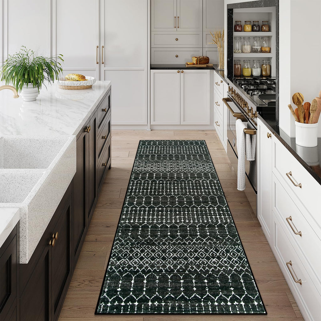Moroccan Black Runner Rug Non-Slip, Kitchen Rug Runner Washable Non-Skid Hallway, Geometric Print Distressed