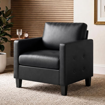 Black Comfy Accent Chair, Faux Leather Living Room Chair